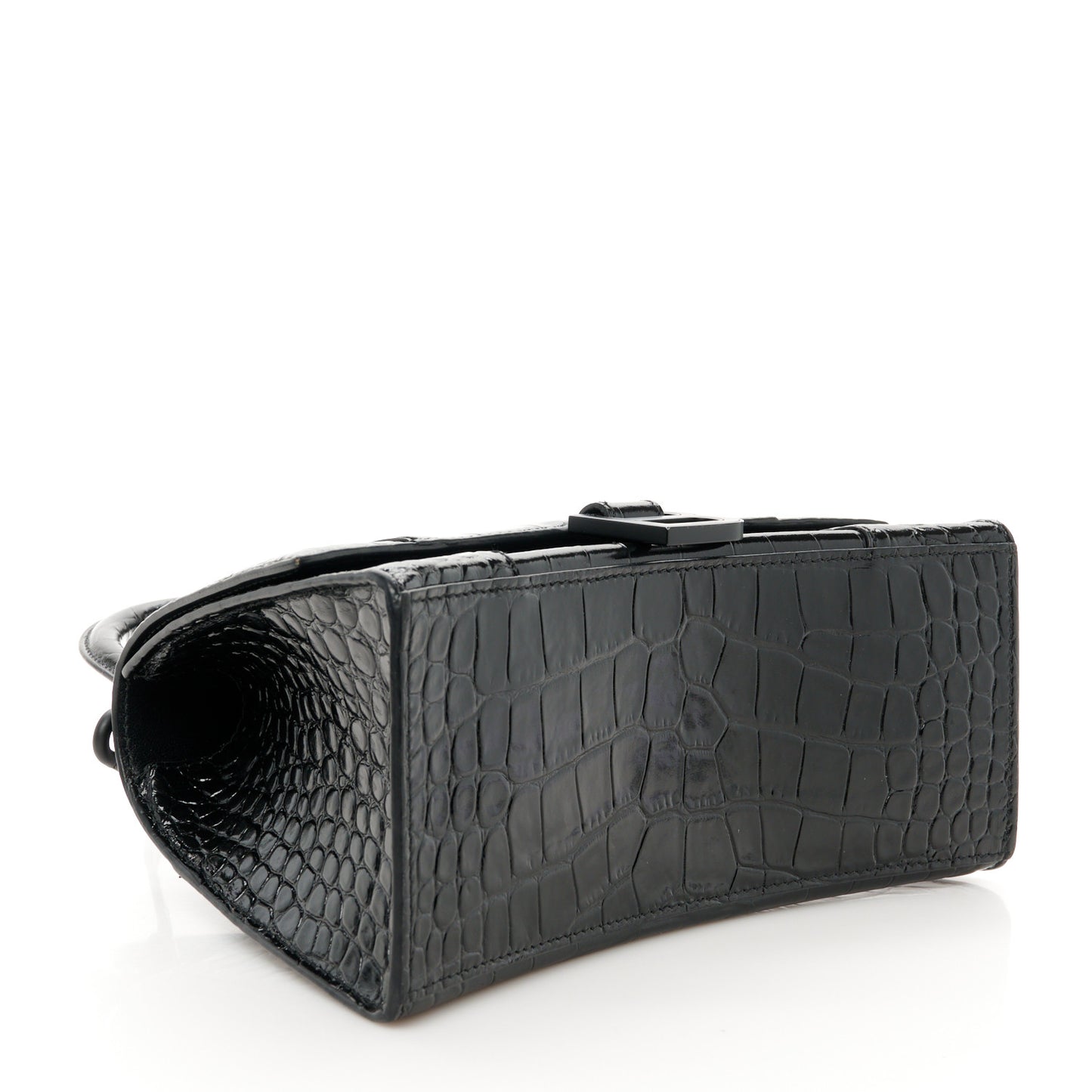 Shiny Calfskin Monochrome Crocodile Embossed Small Hourglass Top Handle Bag Black