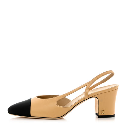 Chanel Goatskin Grosgrain Cap Toe CC Slingback Pumps 40 Beige Black 1 of 9