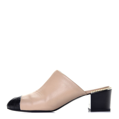 Chanel Lambskin Quilted Cap Toe Pearl Mule 39.5 Beige Black 1 of 9