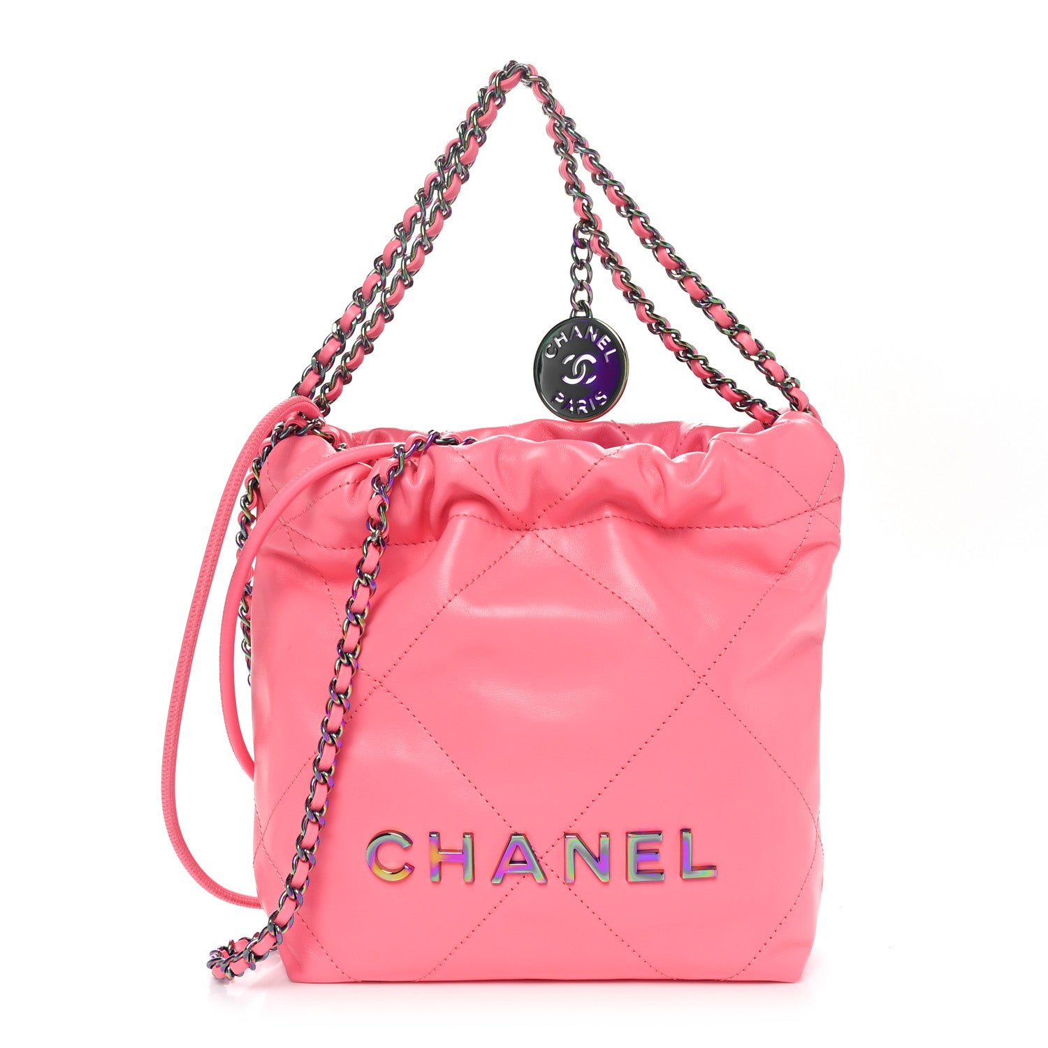 Chanel Shiny Calfskin Quilted Rainbow Metal Mini Chanel 22 Coral Pink 1 of 10