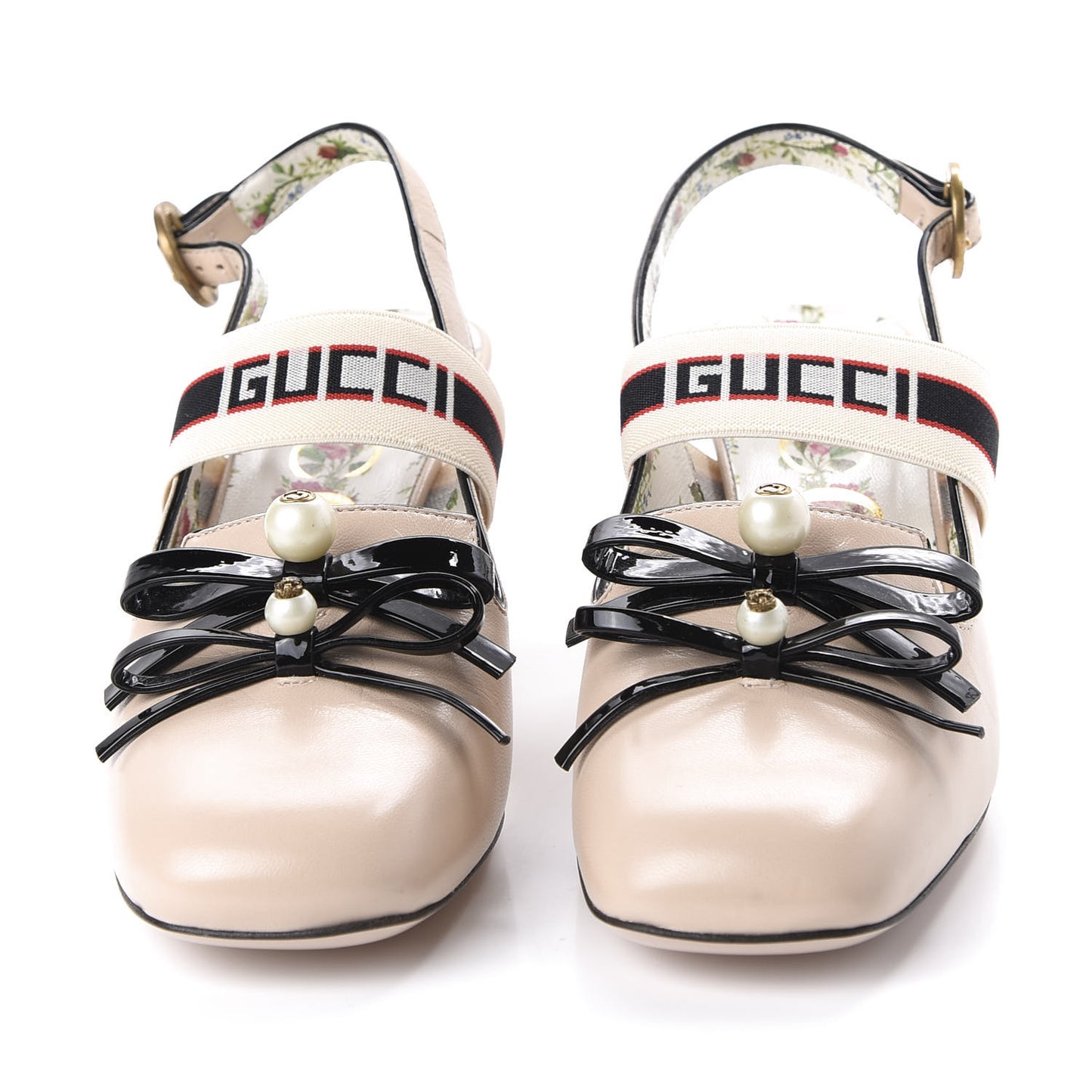 Malaga Kid Bow Ace Stripe Mid Heel Slingback Pumps 38.5 Beige