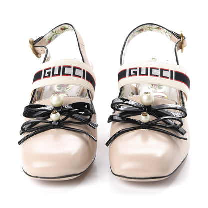 Gucci Malaga Kid Bow Ace Stripe Mid Heel Slingback Pumps 38.5 Beige 2 of 9