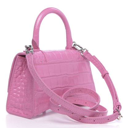 Balenciaga Shiny Calfskin Crocodile Embossed Hourglass Top Handle Bag XS Baby Pink 3 of 9