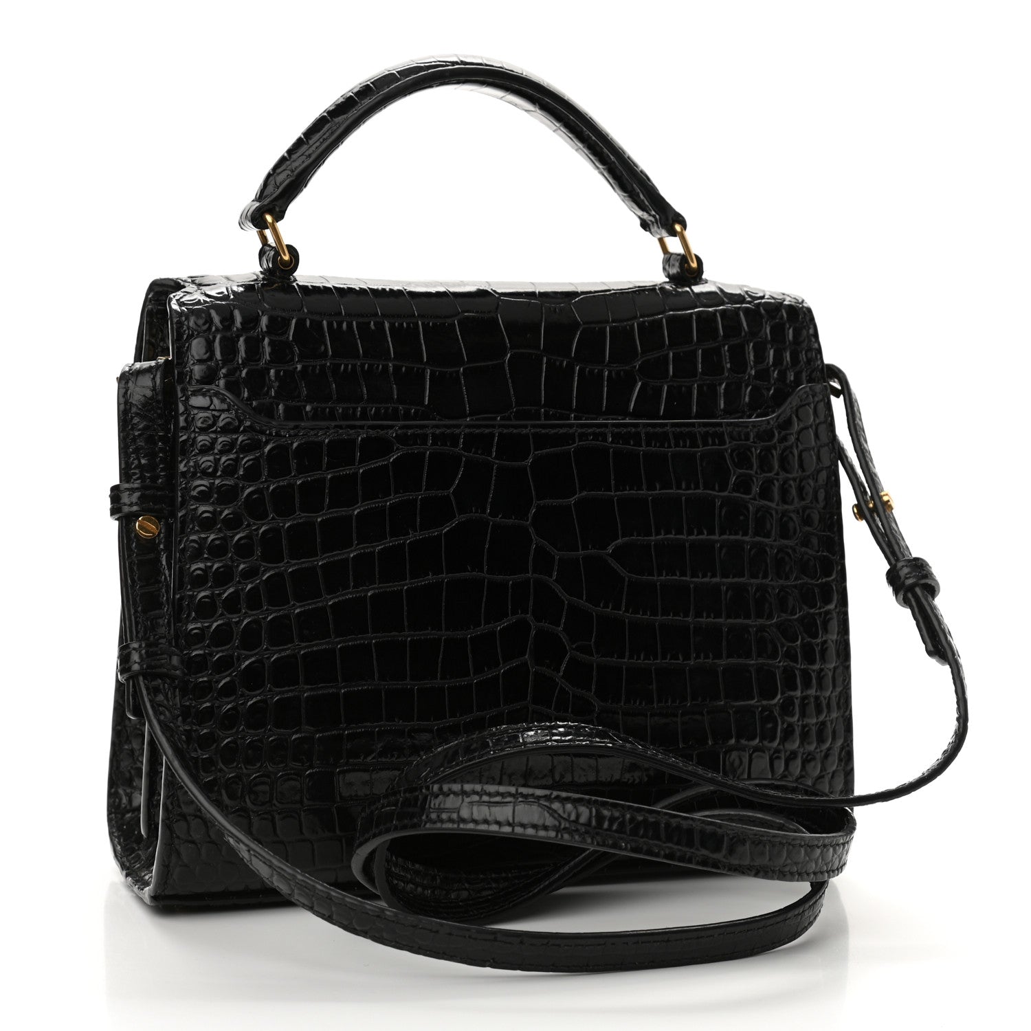 Saint Laurent Calfskin Crocodile Embossed Mini Classic Monogram Cassandra Top Handle Black 3 of 12