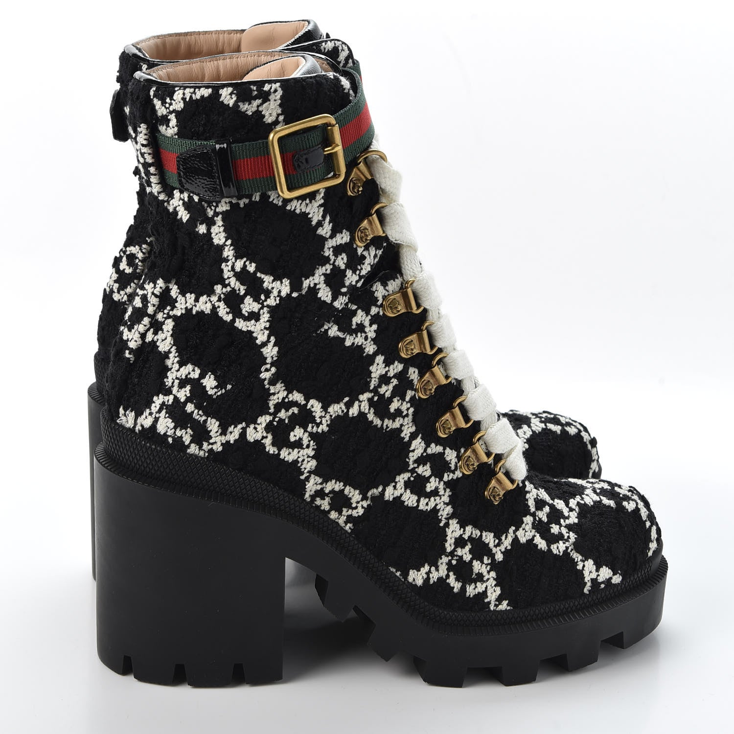 Gucci Tweed GG Monogram Lace Up Combat Ankle Boots 37.5 Black 4 of 9