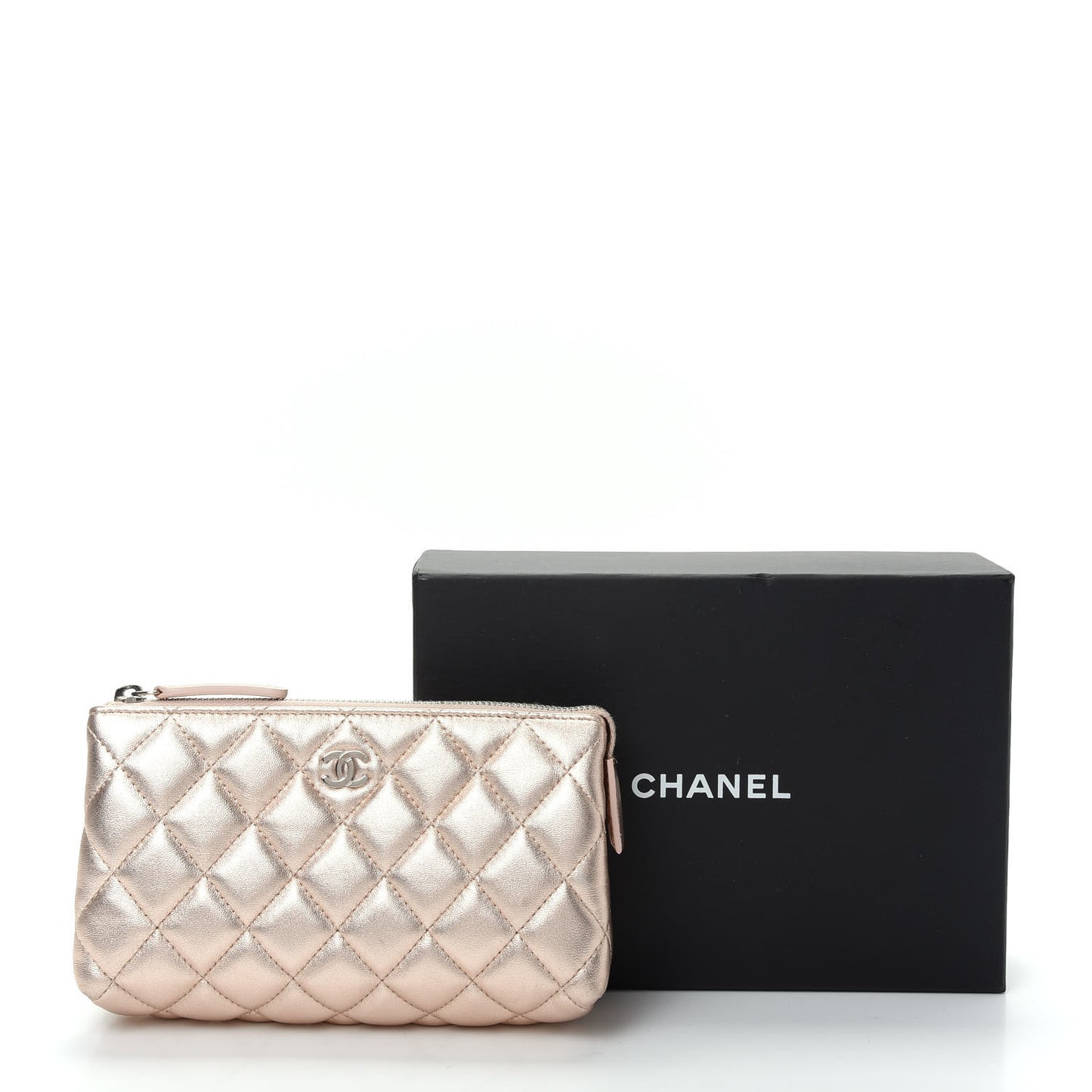 Metallic Lambskin Quilted Cosmetic Pouch Light Gold