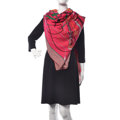 Hermes Cashmere Silk Fouets et Badines Shawl 140 Rose Indien Vert Bordeaux 2 of 7