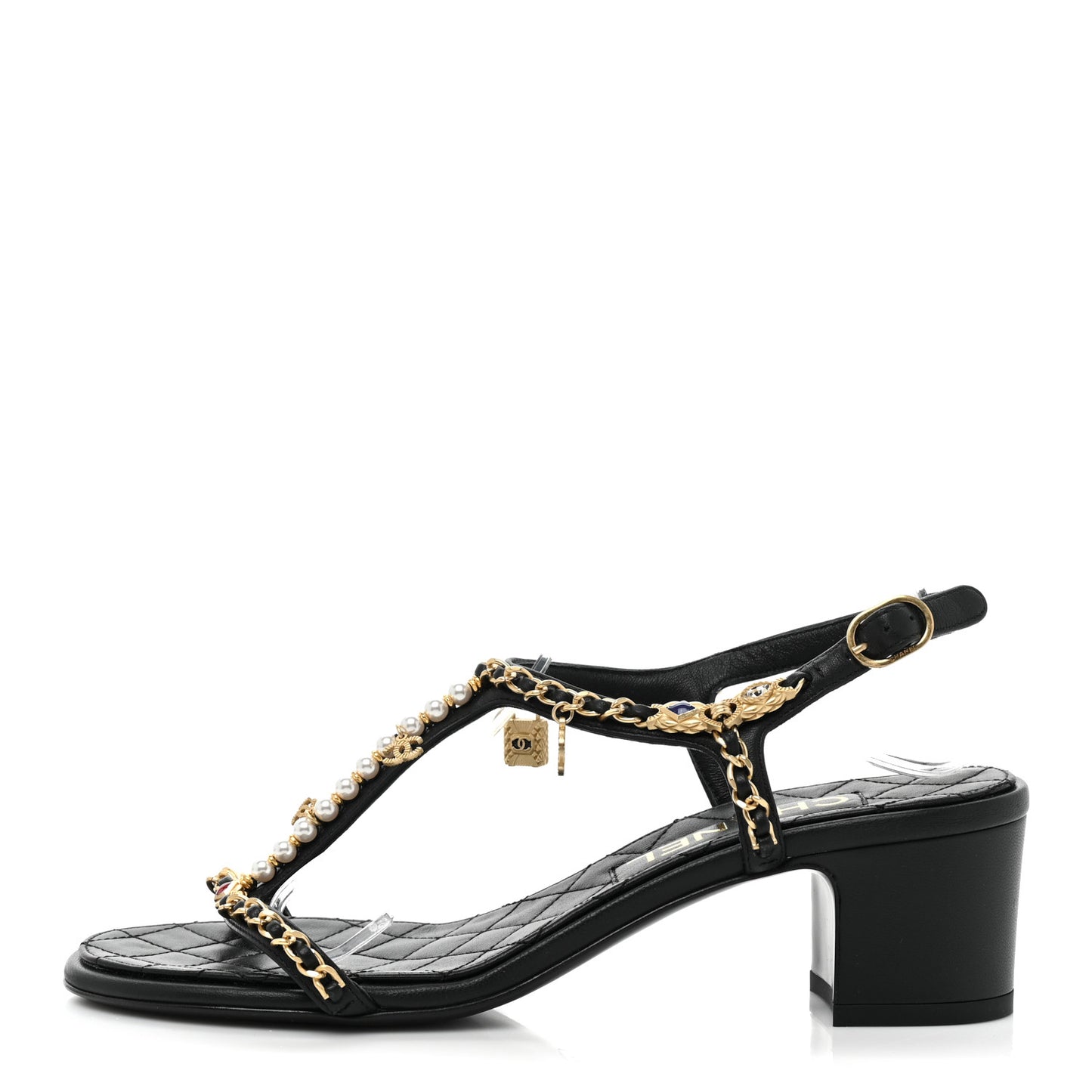Lambskin Pearl Chain CC Thong Sandals 37 Black