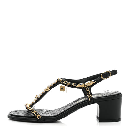 Chanel Lambskin Pearl Chain CC Thong Sandals 37 Black 1 of 8