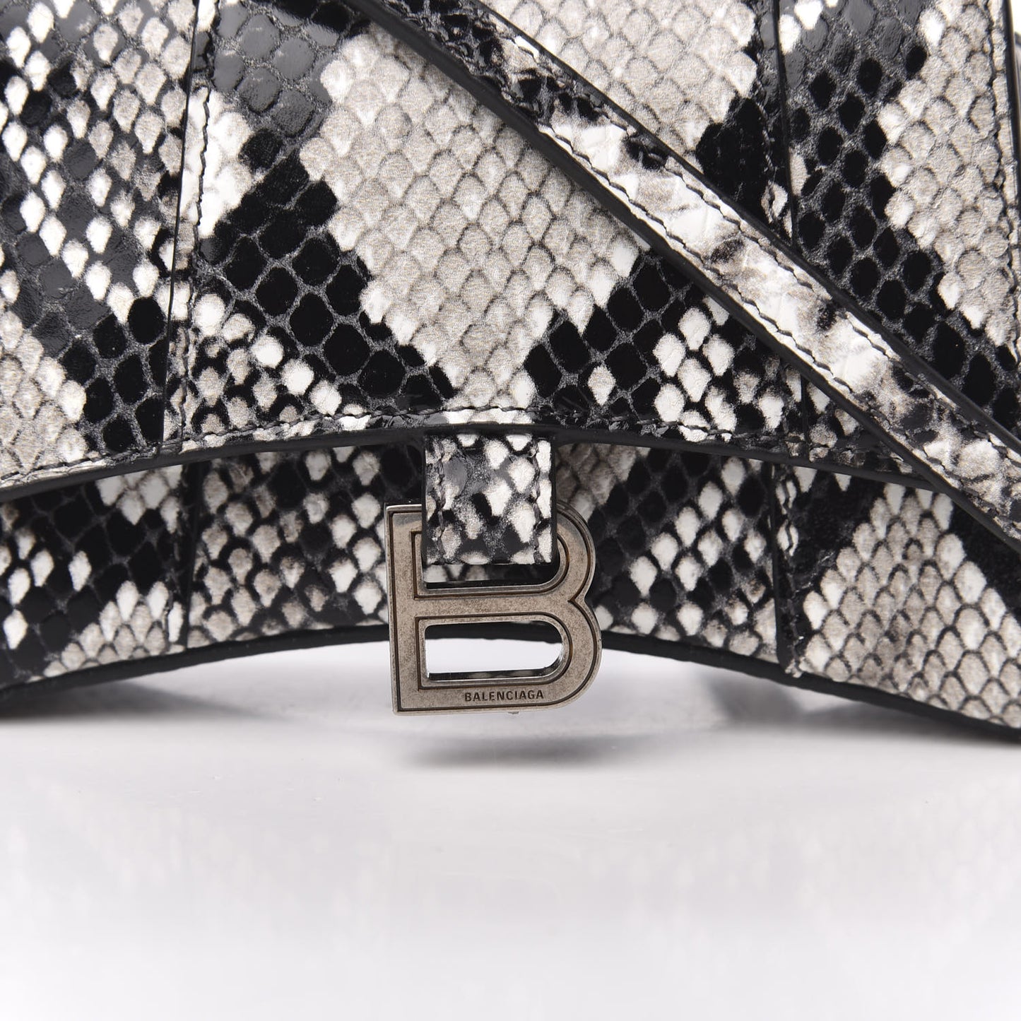 Shiny Calfskin Python Effect Hourglass Top Handle Bag Mini Black White