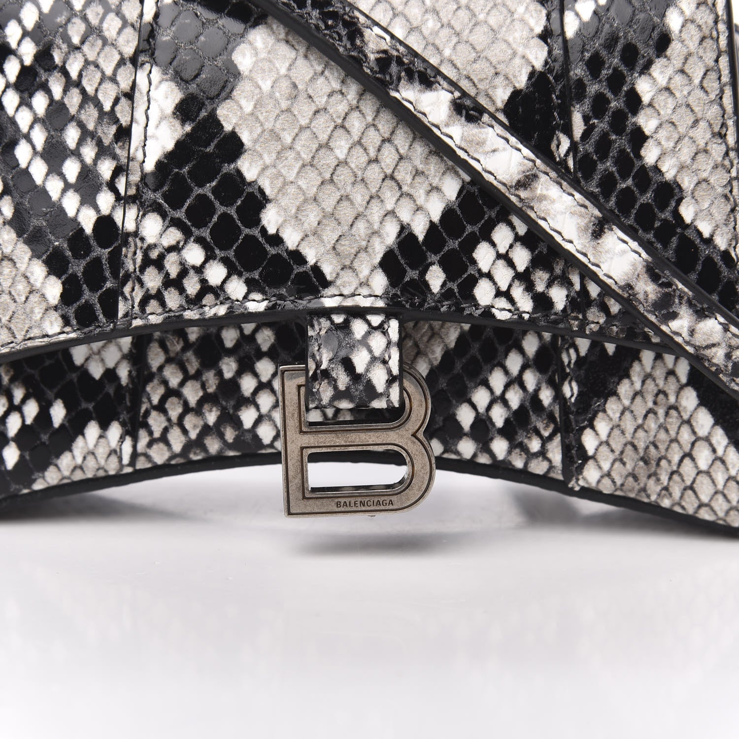 Balenciaga Shiny Calfskin Python Effect Hourglass Top Handle Bag Mini Black White 10 of 10