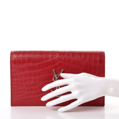 Saint Laurent Calfskin Crocodile Embossed Classic Kate Monogram Clutch Red 2 of 7