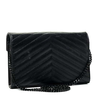 Saint Laurent Grain De Poudre Matelasse Chevron Monogram Chain Wallet Black 2 of 4