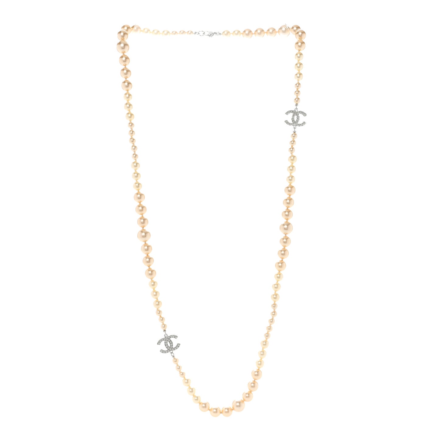 Graduated Pearl CC Long Necklace Silver