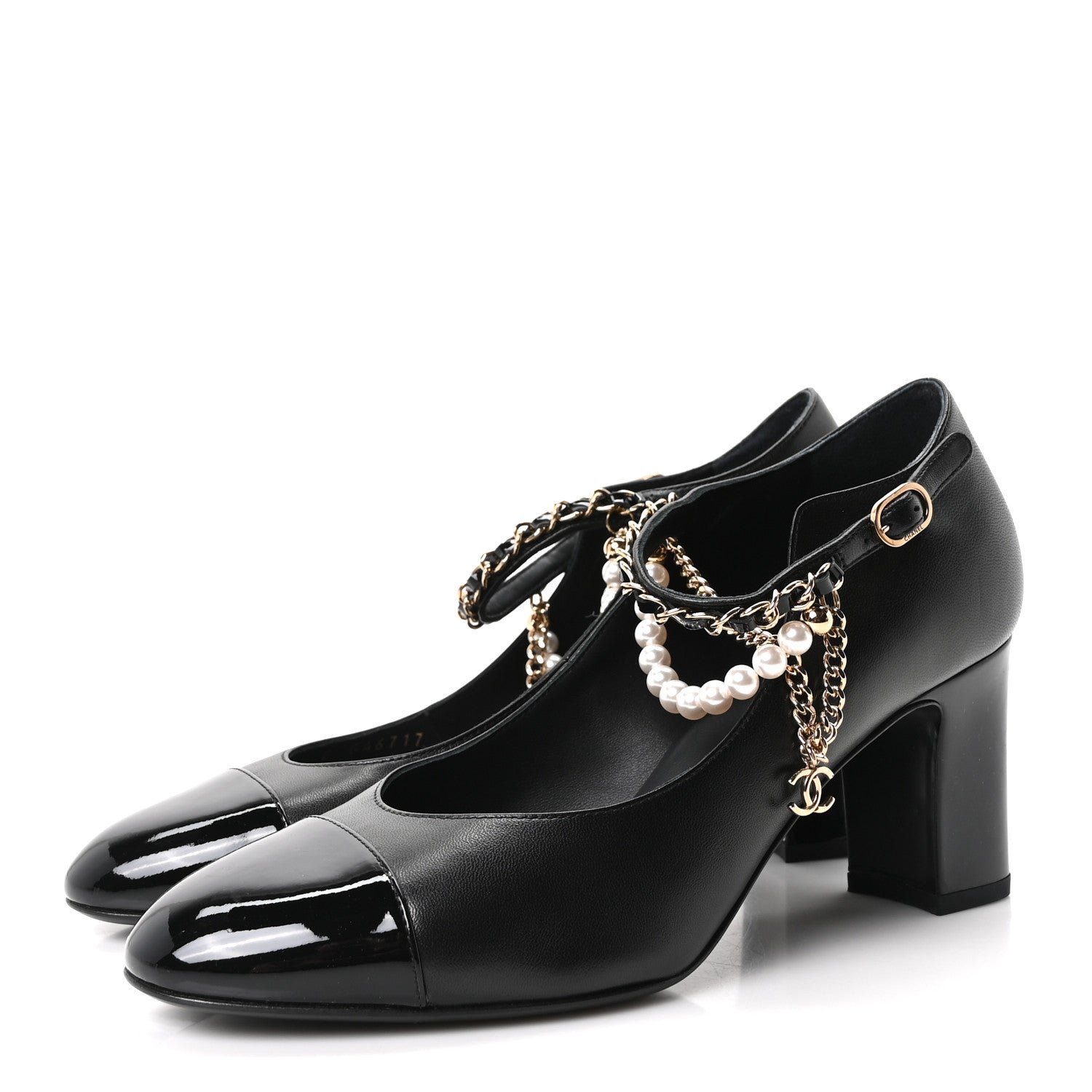 Chanel Shiny Lambskin Patent Calfskin Cap Toe Ankle Pearl Chain Pumps 39.5 Black 7 of 20