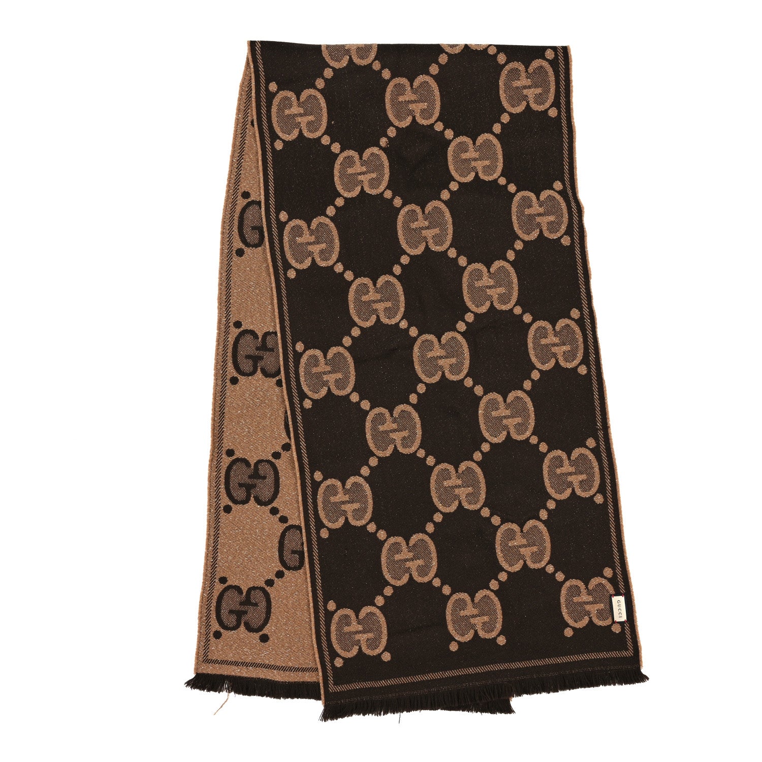 Gucci Wool Lame Jacquard Monogram Jumbo GG Lady Nest Lux Scarf Beige Dark Brown 2 of 3
