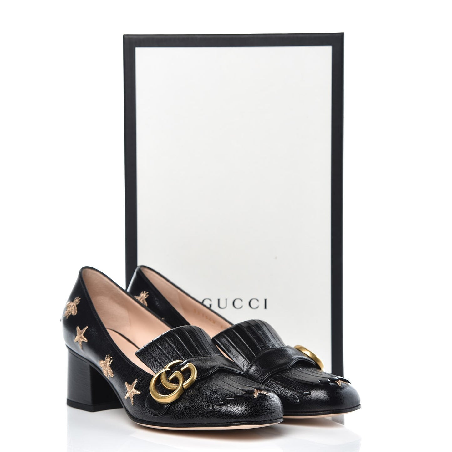 Quentin Goatskin Bee Star Embroidered GG Marmont Fringe 50mm Loafer Pumps 37 Black