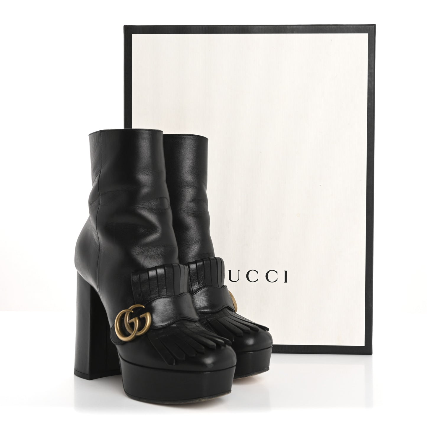 Malaga Kid GG Marmont Fringe Platform Ankle Boots 37.5 Black