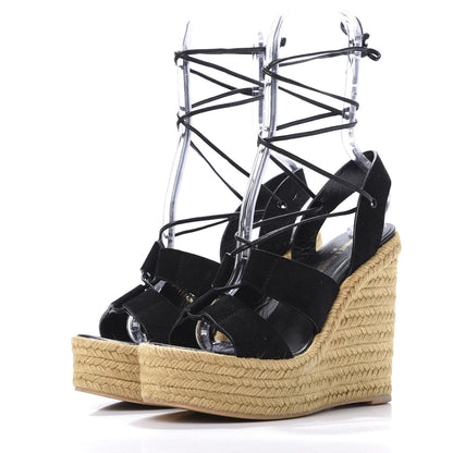 Saint Laurent Suede Espadrille Lace-Up Wedges 38 Black 3 of 8