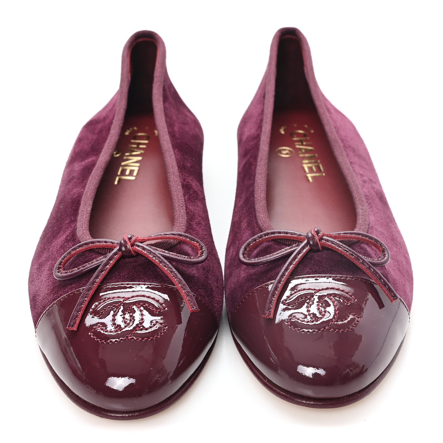 Chanel Suede Patent Cap Toe CC Ballerina Flats 38 Burgundy 3 of 9