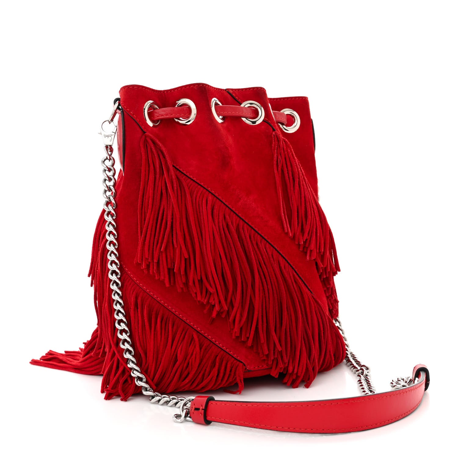 Christian Louboutin Suede Calfskin Fringe Marie Jane Bucket Red 3 of 13