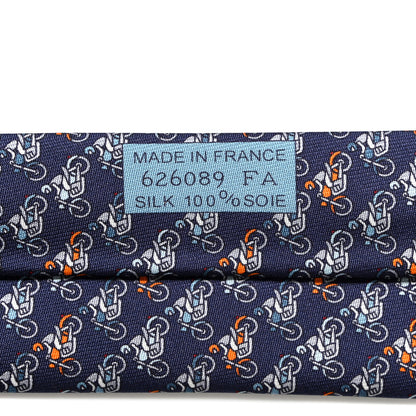 Hermes Printed Silk Mens Cavaliere Neck Tie Bleu Ardoise Orange 4 of 6