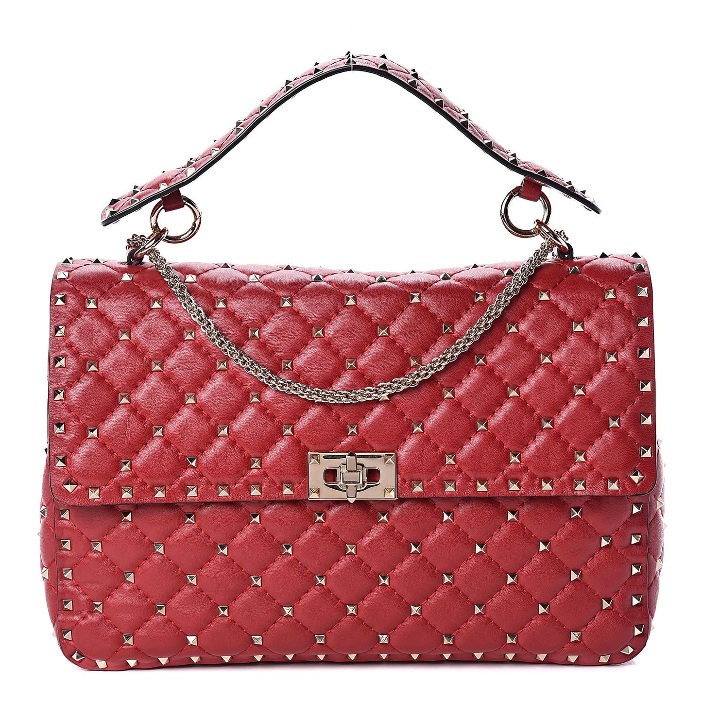 Lambskin Large Rockstud Spike Shoulder Bag Red