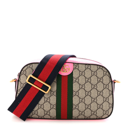 Gucci GG Supreme Monogram Textured Dollar Calfskin Web Ophidia Small Crossbody Bag Beige Ebony Fuchsia 1 of 9