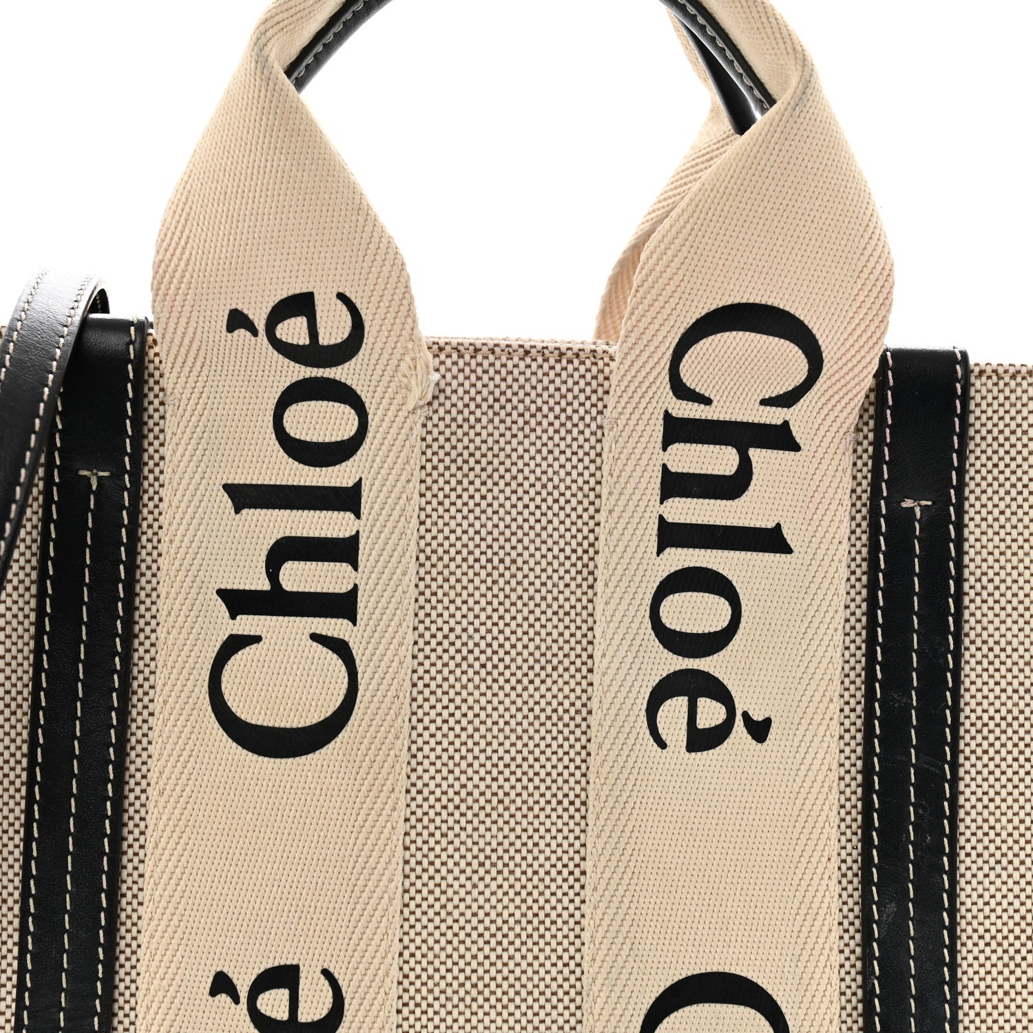 Chloe Cotton Calfskin Small Woody Ribbon Tote With Strap White Navy 8 of 12
