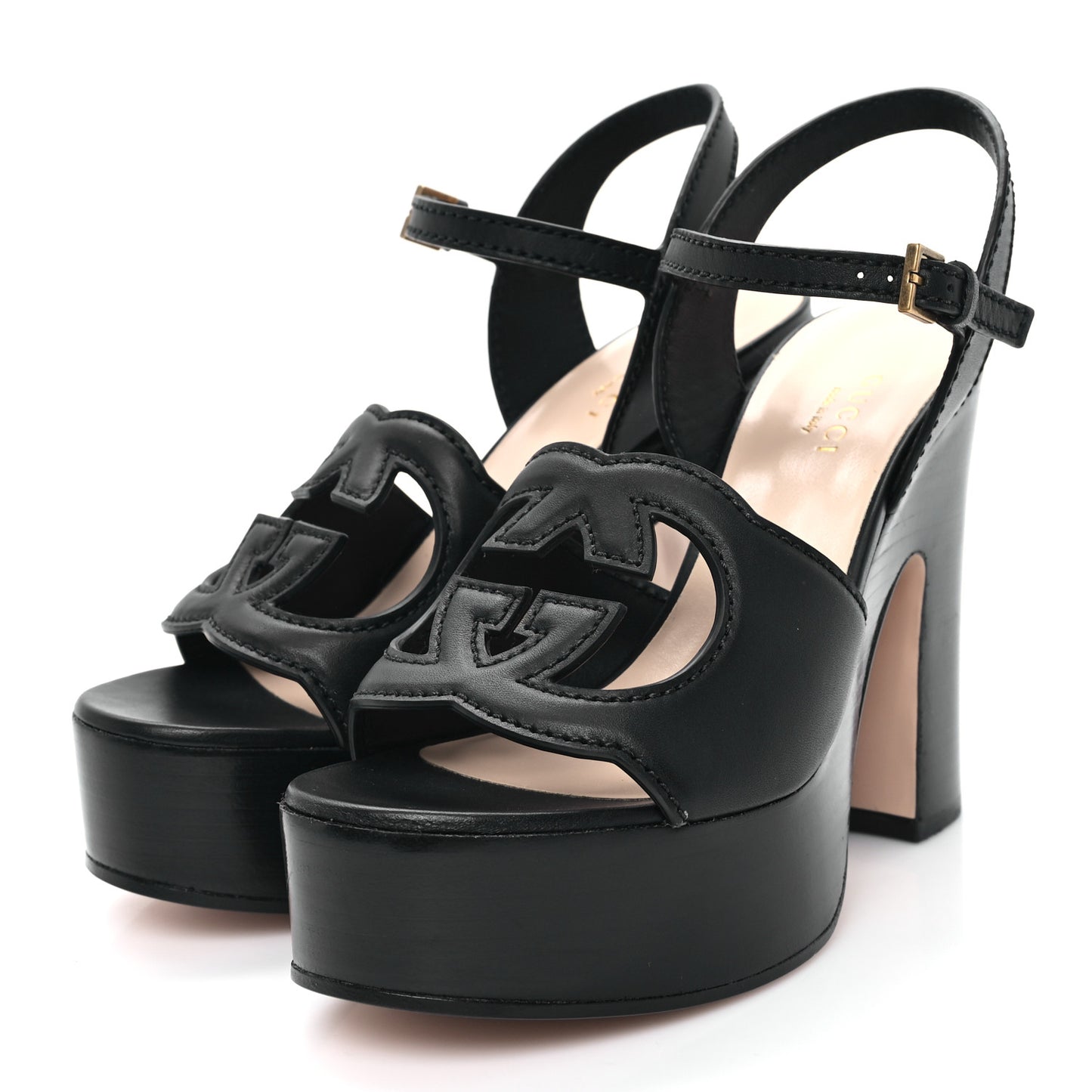 Cosmos Softy Calfskin Wooden Interlocking G Cut-Out 30/120mm Platform Sandals 35 Black