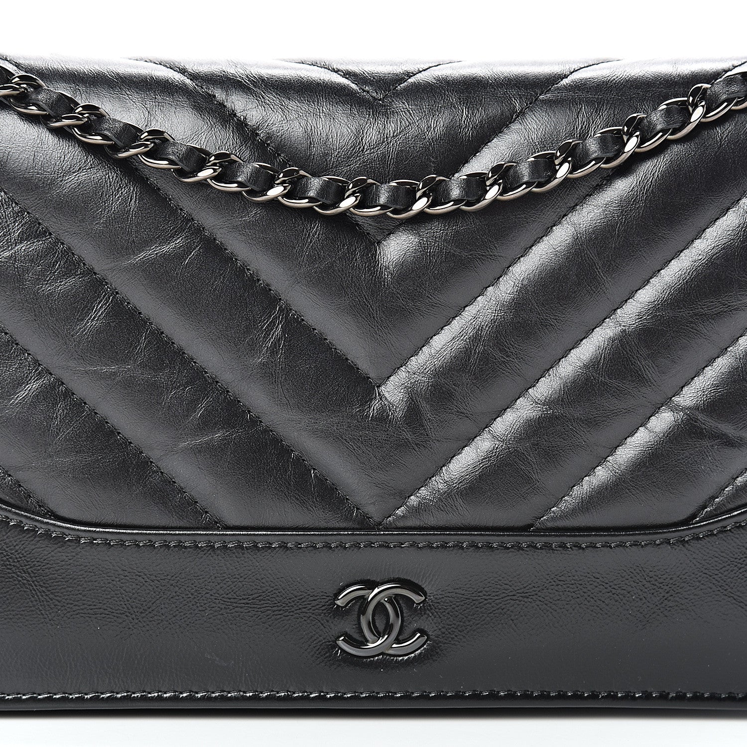 Chanel Aged Calfskin Chevron Quilted Gabrielle Wallet On Chain WOC Black 8 of 16