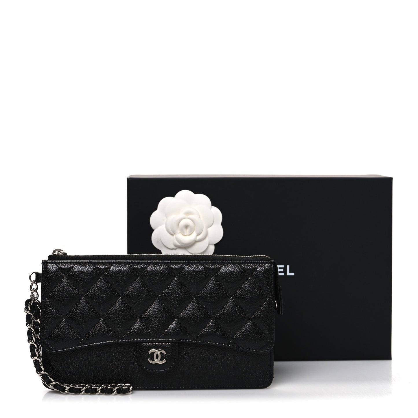 Caviar Quilted Classic Pouch With Handle Black