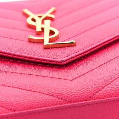 Saint Laurent Grain De Poudre Matelasse Chevron Monogram Chain Wallet Lipstick Fuchsia 9 of 9