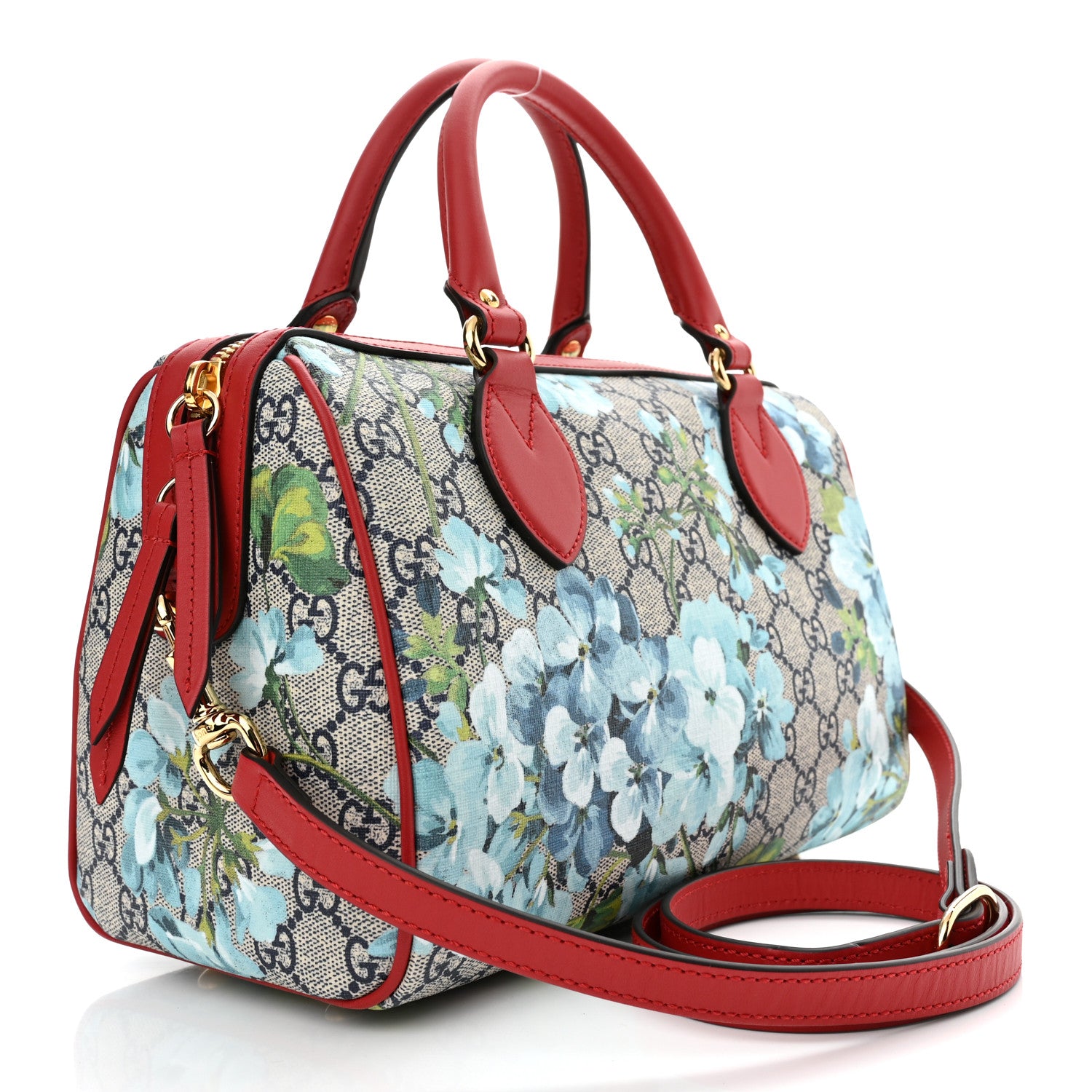 Gucci GG Supreme Monogram Blooms Small Boston Beige Blue Navy Hibiscus Red 3 of 10