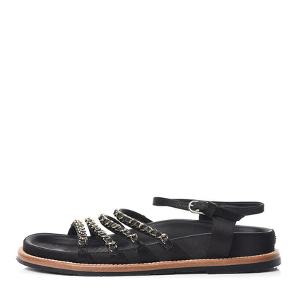 Chanel Satin Lambskin Chain Flat Sandals 37.5 Black 1 of 8