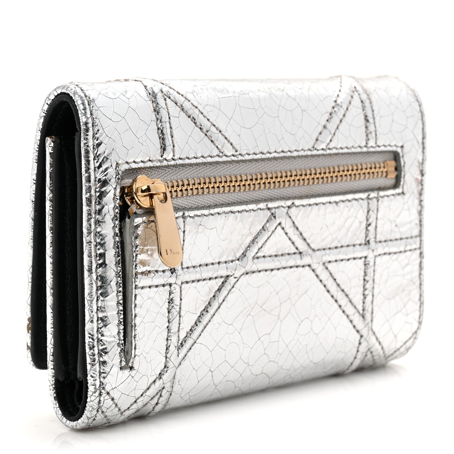 Christian Dior Metallic Patent Micro-Cannage Diorama Elancee Wallet Onyx Silver 3 of 8