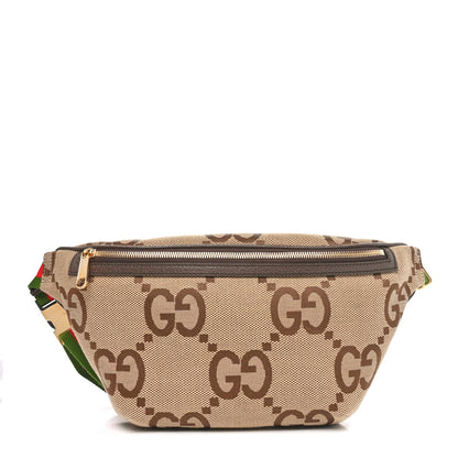 Gucci Monogram Jumbo GG Textured Dollar Calfskin Web Belt Bag Camel Ebony New Acero 1 of 10