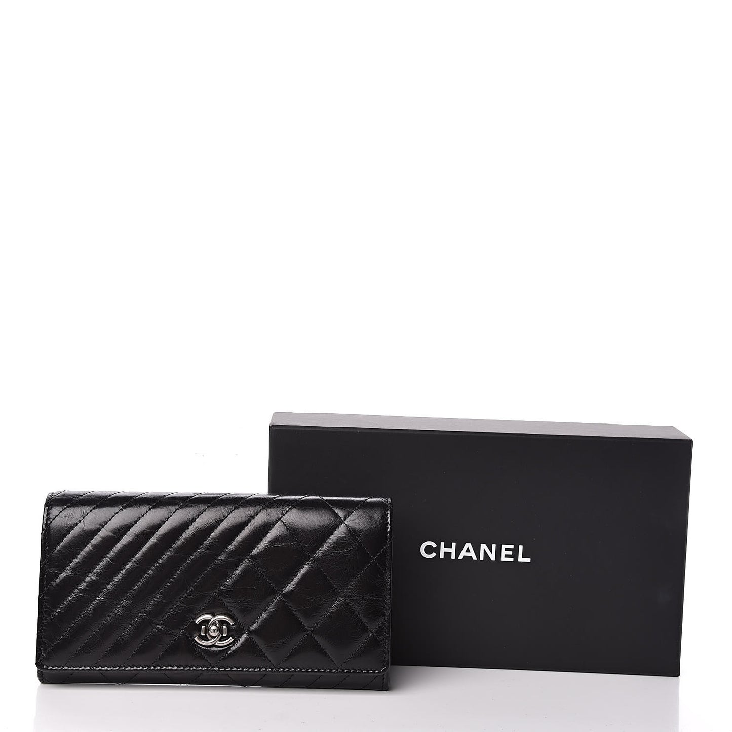 Glazed Calfskin Quilted Coco Boy Large Gusset Flap Wallet Black