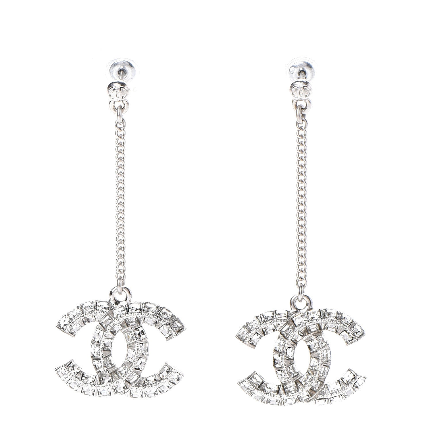 Chanel Baguette Crystal CC Drop Earrings Silver 1 of 5