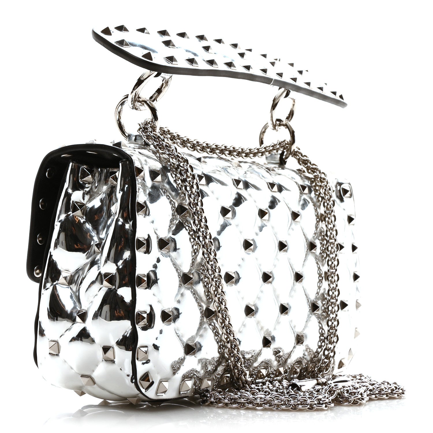 Valentino Garavani Metallic Patent Quilted Small Rockstud Spike Shoulder Bag Silver 3 of 9