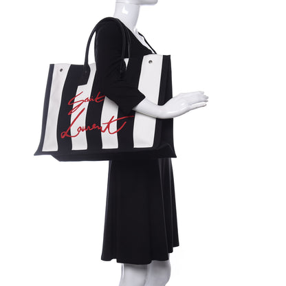 Saint Laurent Canvas Noe Striped Tote Black White 2 of 9