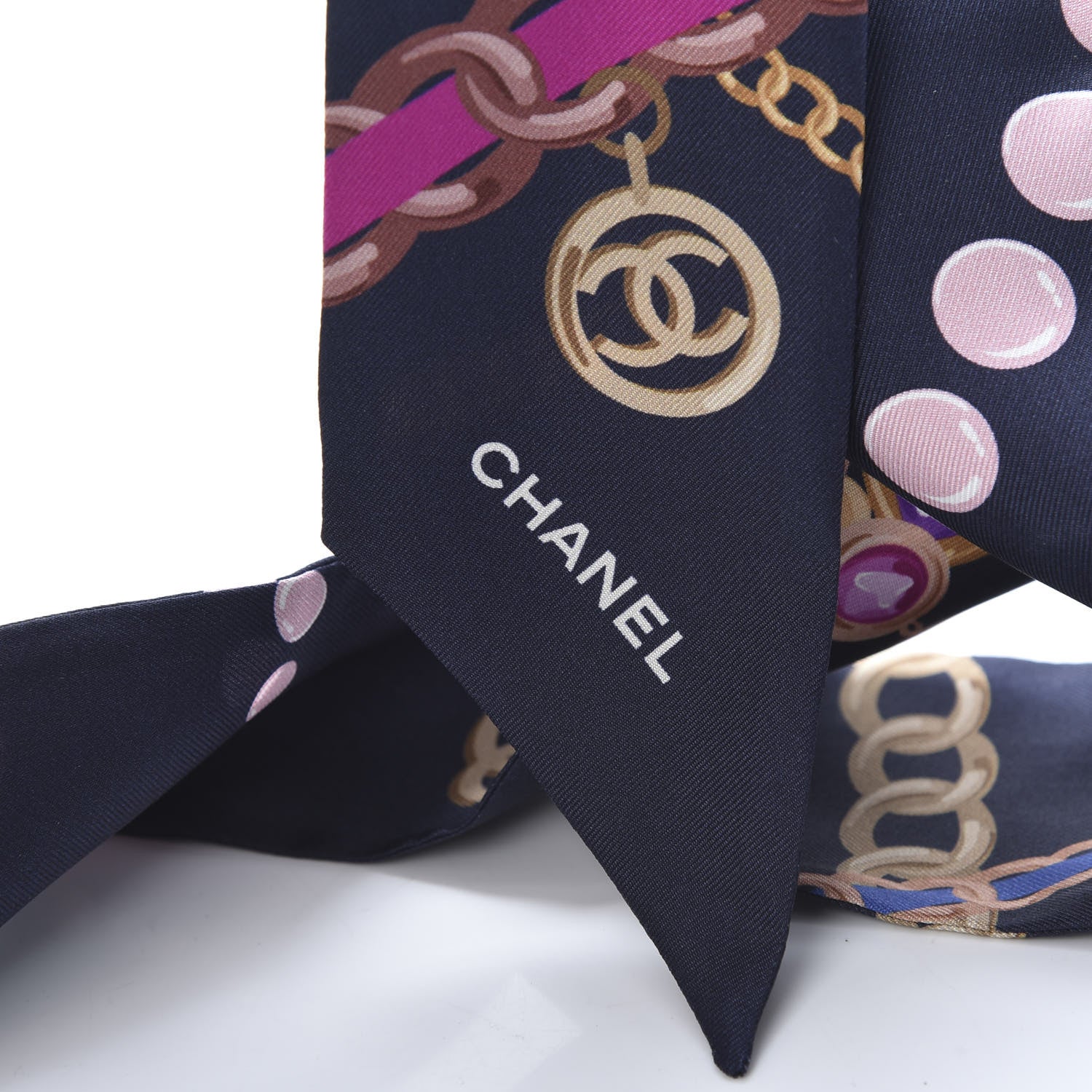 Chanel Silk Pearl CC Chain Slim Bandeau Scarf Navy Blue 3 of 3