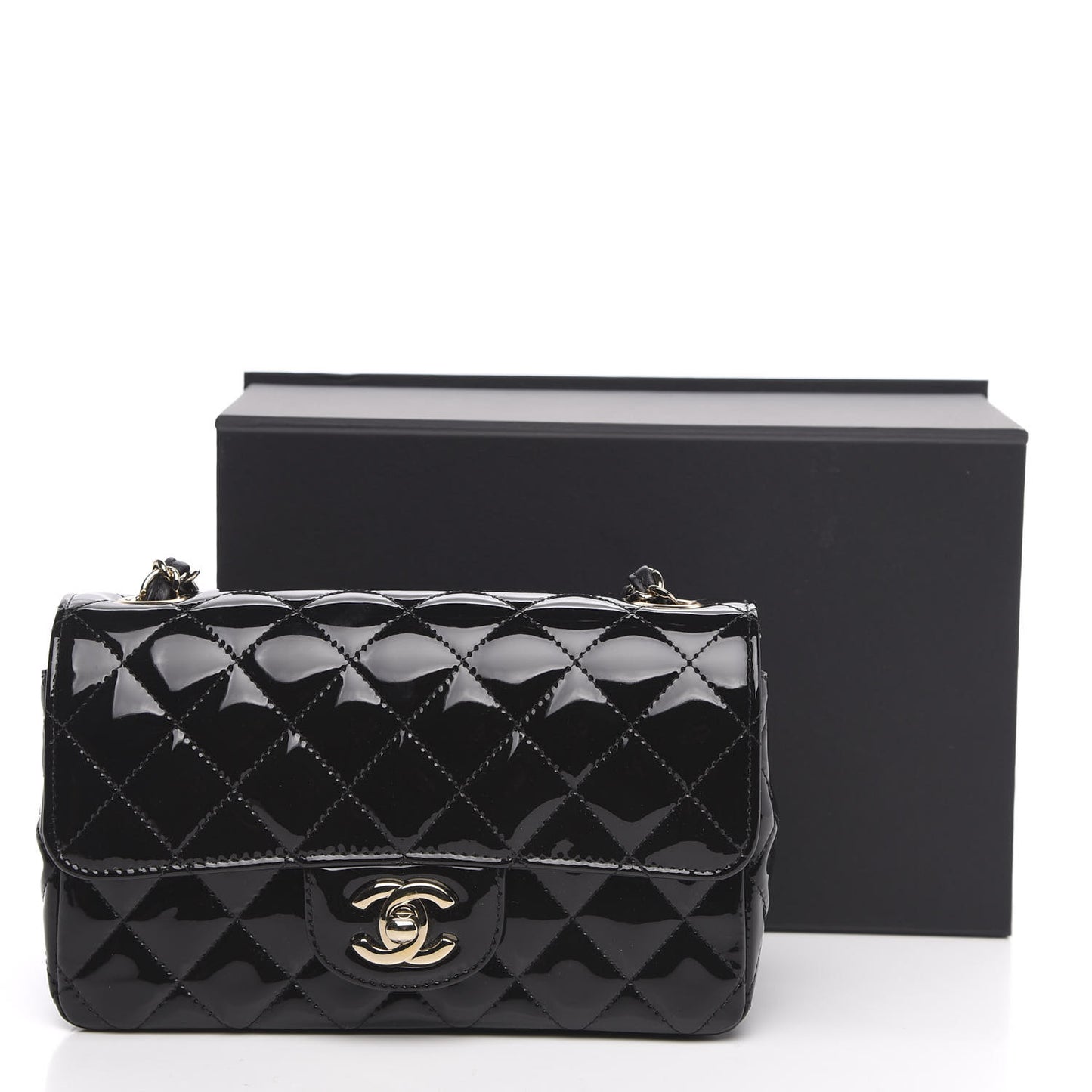 Patent Calfskin Quilted Mini Rectangular Flap Black