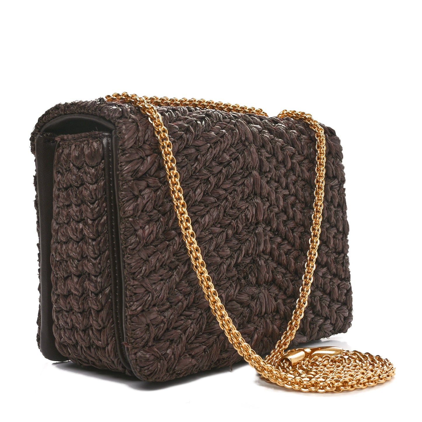 Raffia One Stud Chain Clutch Dark Brown