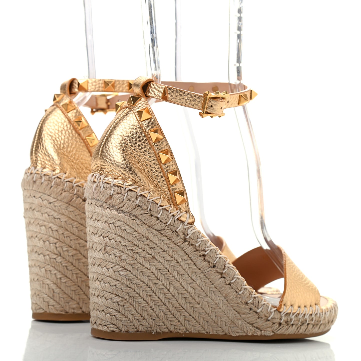 Metallic Pebbled Calfskin Rockstud Ankle Strap Espadrille 15/105mm Wedge Sandals 37 Antique Brass Natural