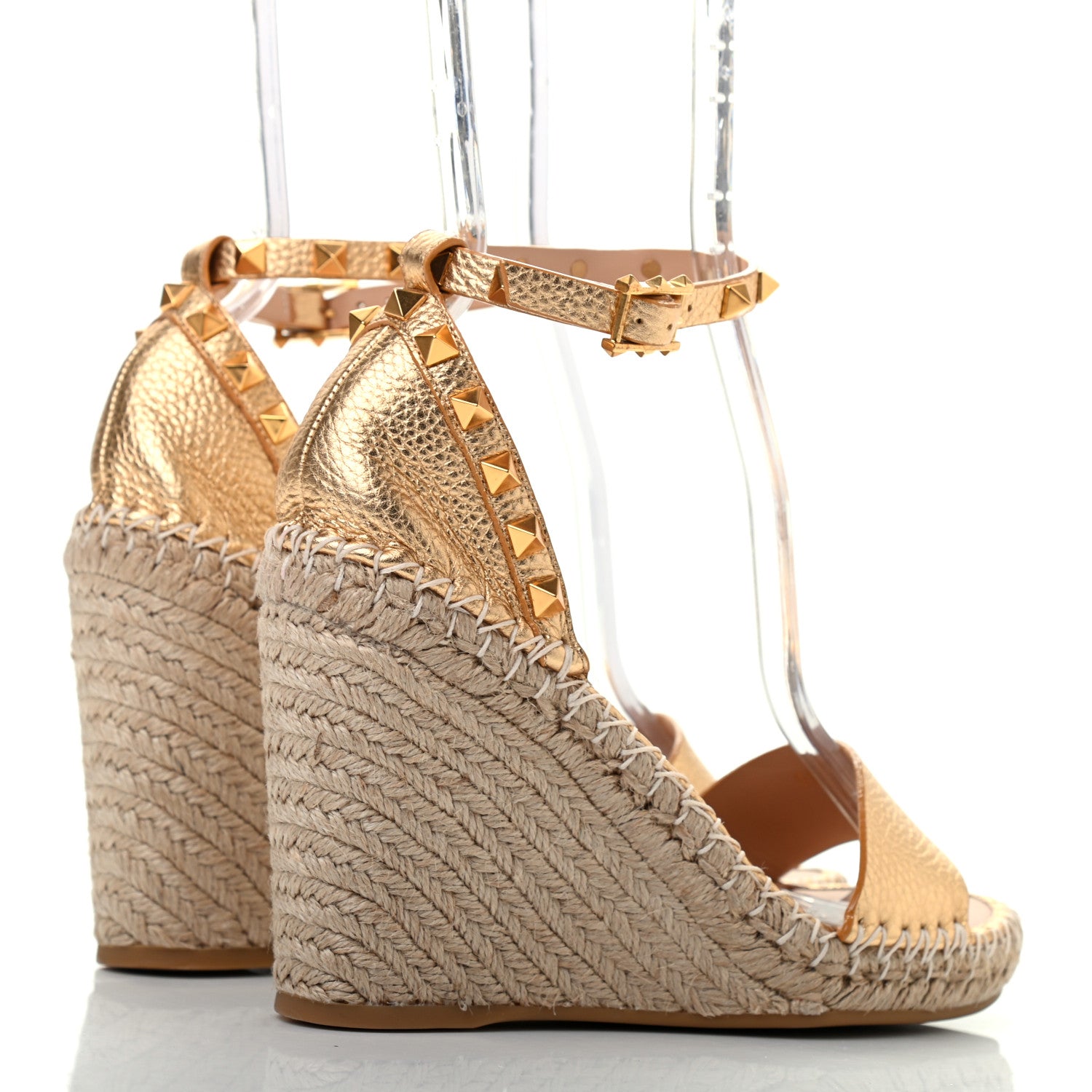 Valentino Garavani Metallic Pebbled Calfskin Rockstud Ankle Strap Espadrille 15/105mm Wedge Sandals 37 Antique Brass Natural 3 of 6