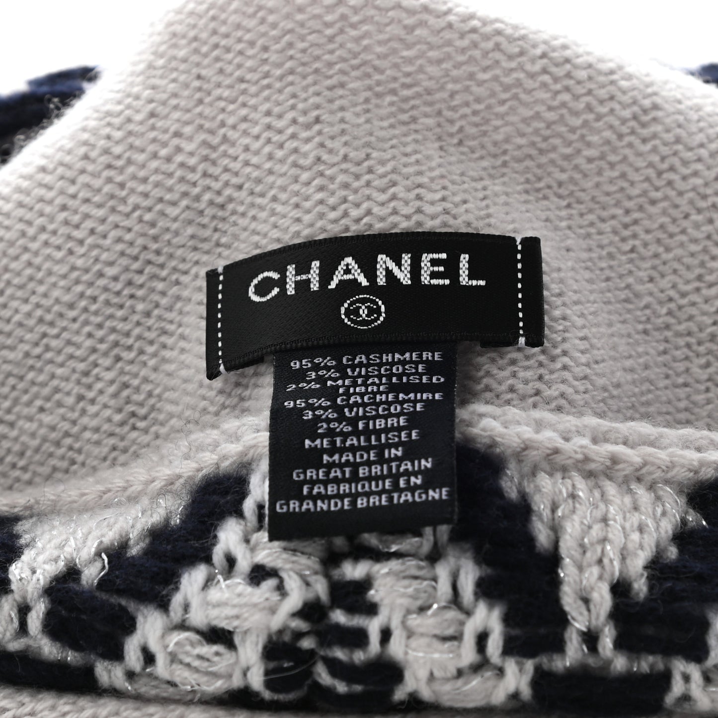 Cashmere Blend CC Beanie Hat White Navy Blue