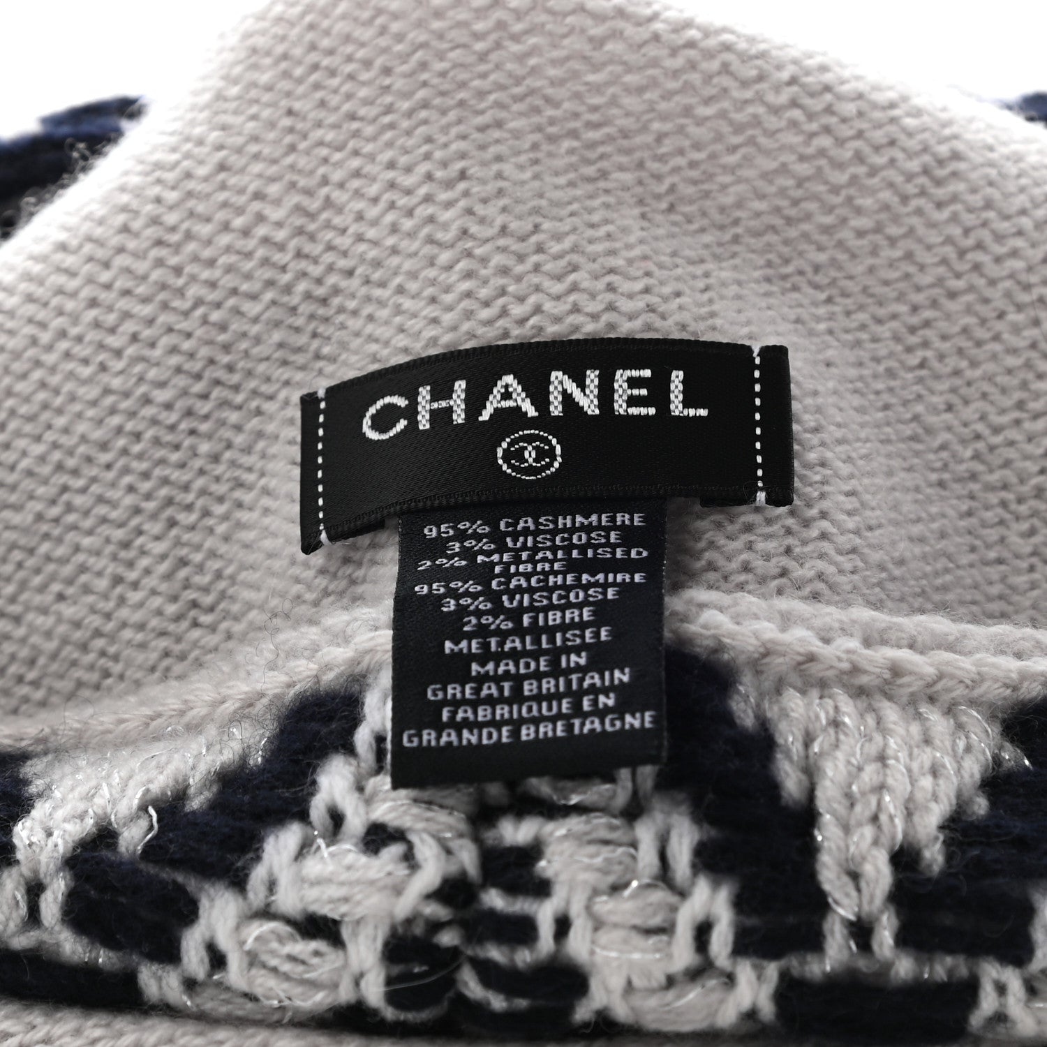 Chanel Cashmere Blend CC Beanie Hat White Navy Blue 4 of 5