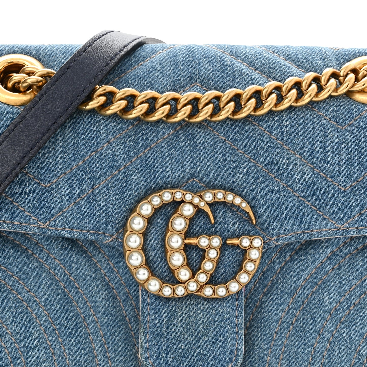 Denim Matelasse Mini Pearly GG Marmont Shoulder Bag Blue