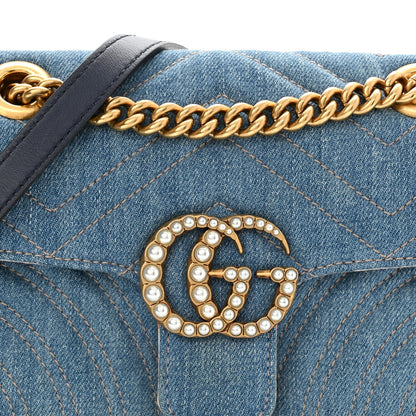 Gucci Denim Matelasse Mini Pearly GG Marmont Shoulder Bag Blue 7 of 9